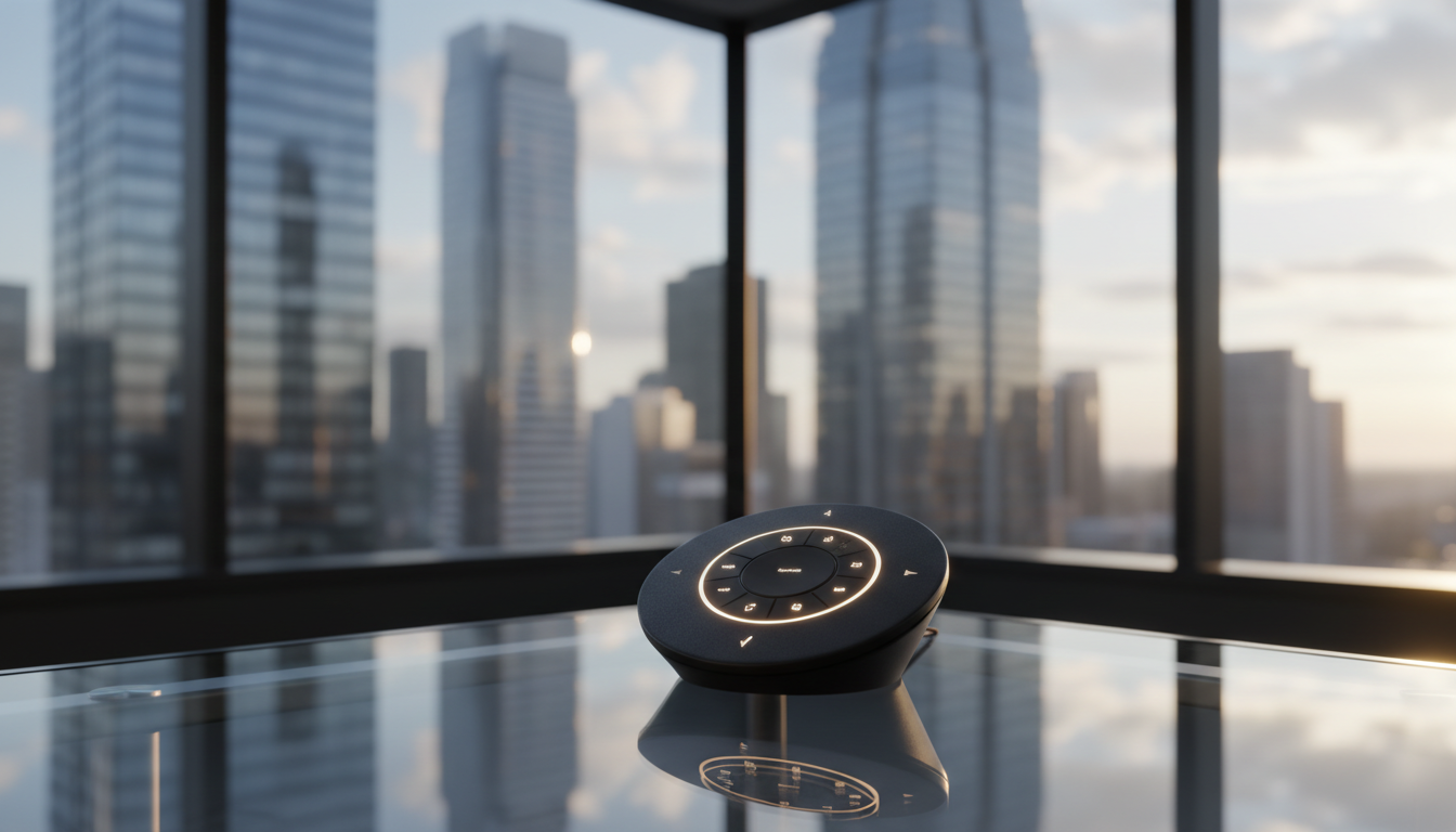A sleek black conference phone with soft textured matte finish and illuminated buttons resting on a modern glass desk in a high-rise corner office. The background features a blurred city skyline visible through floor-to-ceiling windows, creating depth and reinforcing a sense of corporate ambition. Gentle, natural daylight washes across the desk, generating subtle highlights on the phone's edges and casting balanced, minimal shadows. The mood is calm, focused, and professional, emphasizing clarity and high standards. Captured from an eye-level, slightly offset angle with the phone centered in a clean, structured composition. The image boasts photographic realism and a minimalist, clean corporate aesthetic suitable for a high-end sales consulting site.