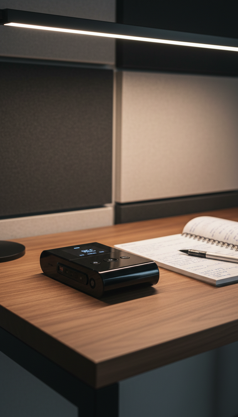 A high-quality digital audio recorder with a glossy black finish and minimalist interface, set beside a spiral notebook filled with handwritten notes on a sleek, polished walnut desk. Discreet acoustic wall panels in neutral colors provide a textured, low-contrast backdrop, while soft LED task lighting spotlights the recorder, creating subtle highlights and nuanced shadows that define its shape. The mood is analytic and refined, suggesting sophisticated techniques in sales call analysis. Captured from a close-up, three-quarter angle, the image offers crisp focus and a clean, structured composition, underlining the site's expertise in live call audits.