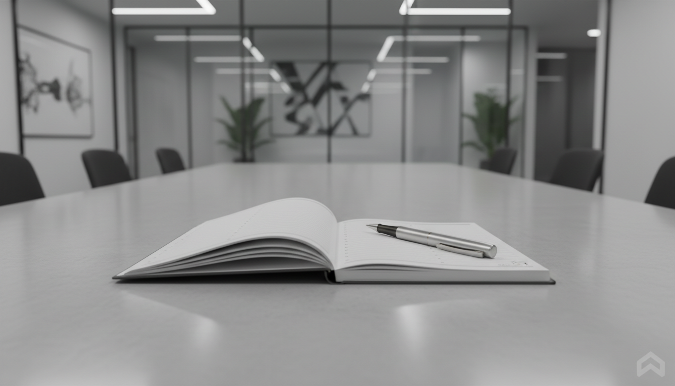 An open, structured notepad with crisp white pages and a brushed aluminum pen, both positioned symmetrically atop a neutral-toned workspace featuring clean lines and a glass partition in the distance. Soft overhead lighting creates gentle reflections off the pen and subtle shading along the page edges. The focus remains sharp throughout, with a controlled, balanced arrangement evoking precision, organization, and readiness. The overall effect is sophisticated and modern, with a professional corporate atmosphere captured with photographic realism and an ordered, minimalist framing. This image reinforces the site's dedication to meticulous, custom coaching plans.