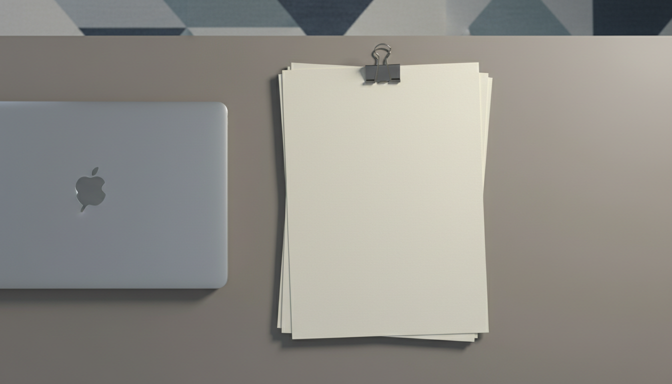 A collection of custom sales scripts printed on elegant cream stationery, clipped together with a brushed steel binder clip, arranged neatly on a smooth taupe desktop surface. A muted, geometric backdrop and a closed laptop positioned off to the side add subtle context without distracting from the main subject. Cool, indirect artificial lighting diffuses softly, enhancing the crispness of crisp paper edges and casting understated shadows that provide structure. The mood is composed and orderly, embodying professionalism and expertise. Composed from a top-down perspective for maximum clarity and balance, the photographic realism and corporate aesthetic affirm the site's consultant authority.